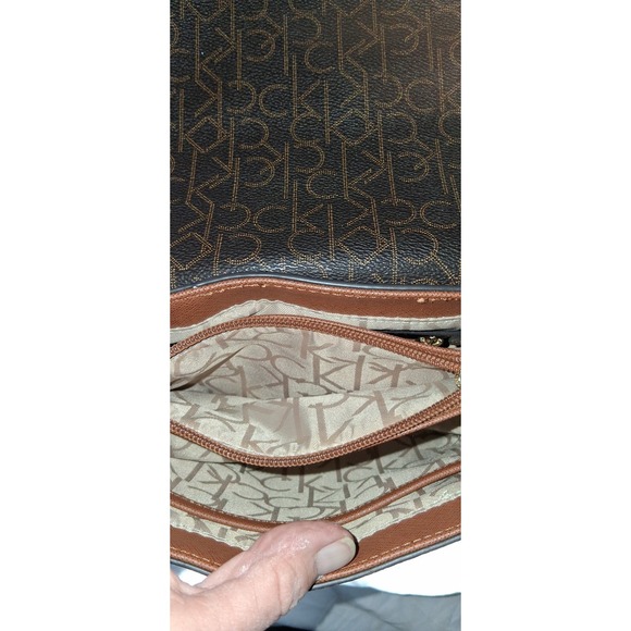 CK Calvin Klein Susan Saffiano Leather Signature Crossbody Bag Brown Monogram - Picture 7 of 10